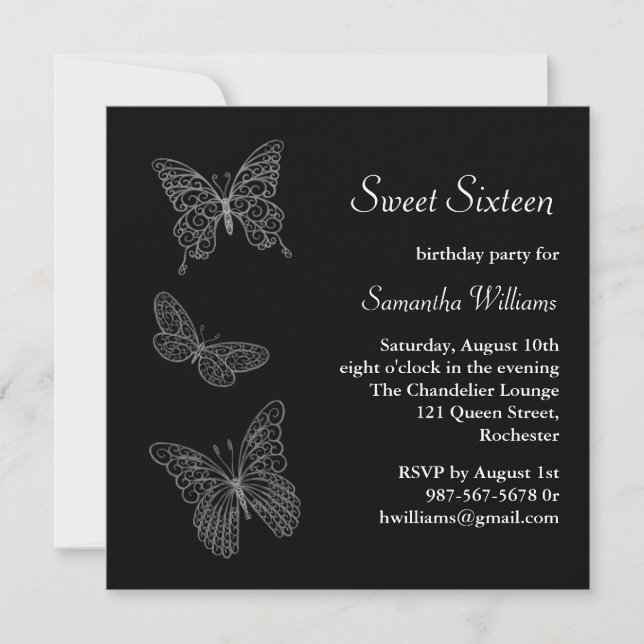 Butterfly Birthday Invitation (schwarz) Einladung (Vorderseite)