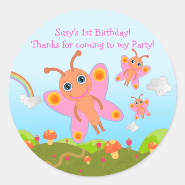 Butterfly Birthday Party danke Runder Aufkleber (Vorderseite)