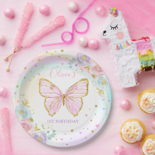 Butterfly Birthday Party Rosa Floral Butterfly Pappteller