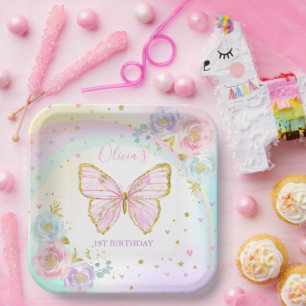 Butterfly Birthday Party Rosa Floral Butterfly Pappteller