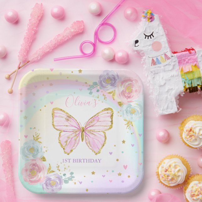 Butterfly Birthday Party Rosa Floral Butterfly Pappteller (Party)
