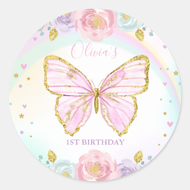 Butterfly Birthday Party Rosa Floral Butterfly Runder Aufkleber (Vorderseite)