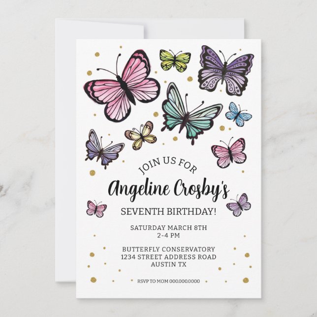 Butterfly Birthday Watercolor Glitzer herunterlade Einladung (Vorderseite)