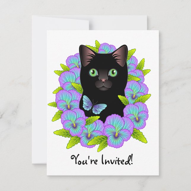 Butterfly Black Cat niedlich und mädchenhaft Gebur Einladung (Vorderseite)