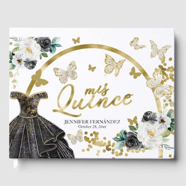 Butterfly Black Dress Quinceanera Gästebuch (Vorderseite)