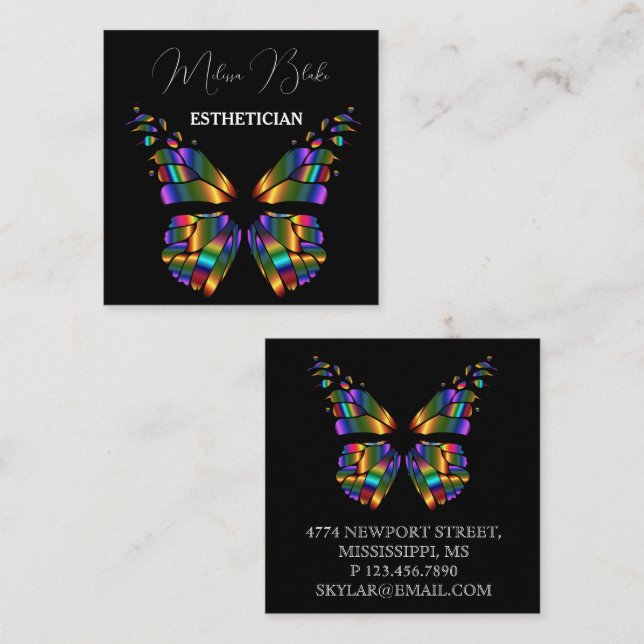 Butterfly Black elegant Quadratische Visitenkarte (Vorne/Hinten)
