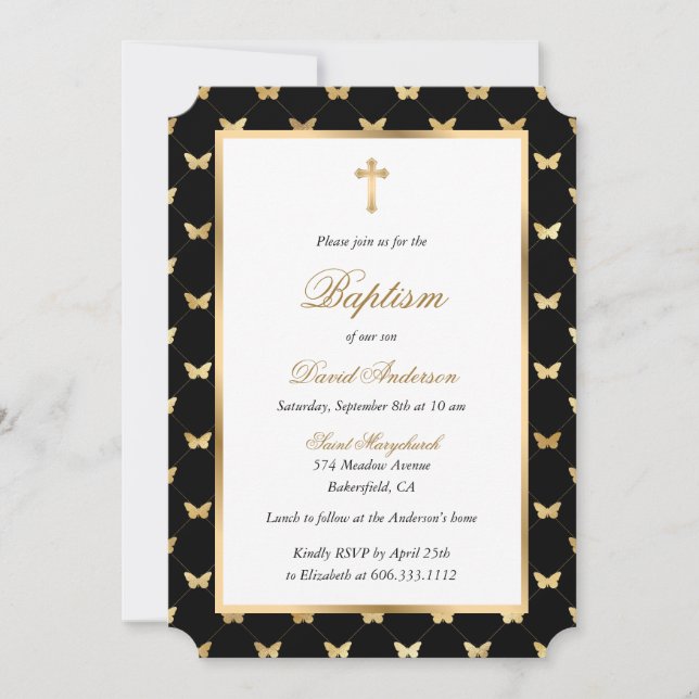 Butterfly Black Gold Cross Elegante Script Taufe Einladung (Vorderseite)
