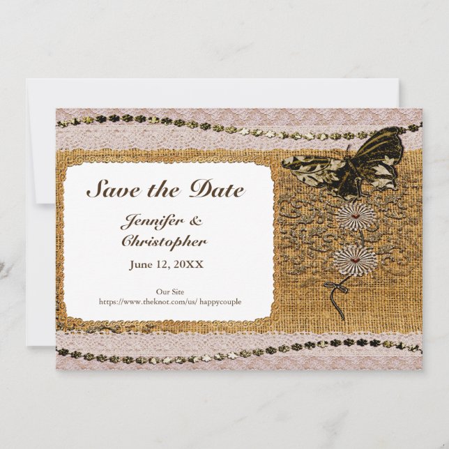 Butterfly Bläserinnen Lace & Burlap Hinzufügen Fot Save The Date (Vorderseite)