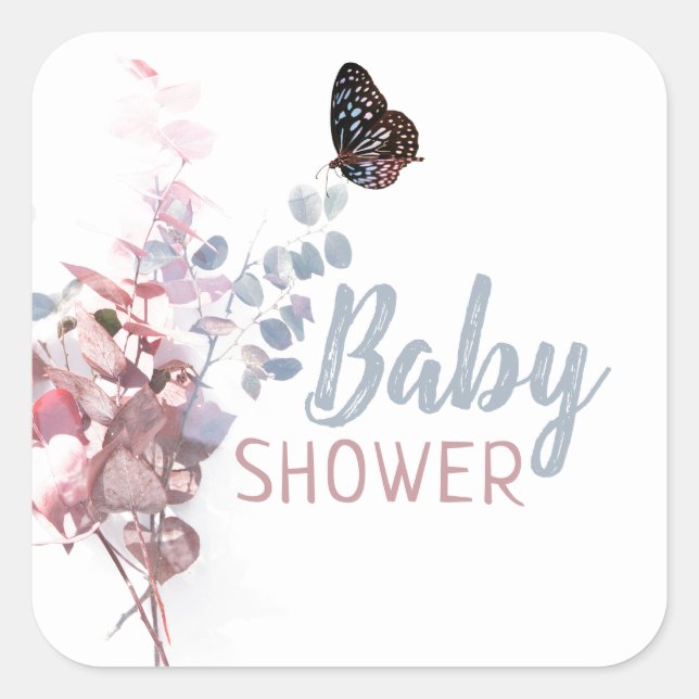 Butterfly-Blätter, elegante Babydusche Quadratischer Aufkleber (Vorderseite)