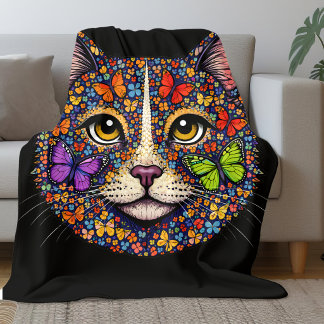 Butterfly Bloom Color Cat Portrait Cats Mom Black Fleecedecke