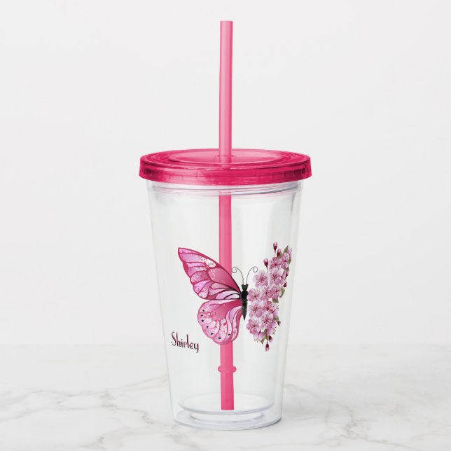 Butterfly Blossom Tumbler mit Individuelle Name Acryltrinkbecher (Vorderseite)
