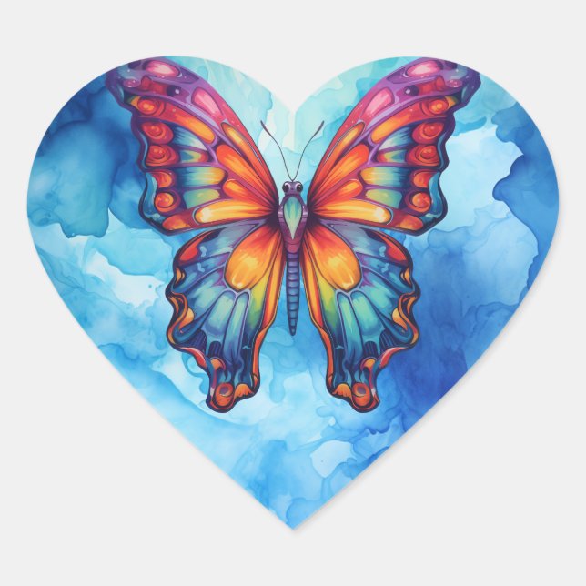 Butterfly Blue Orange Wings Herz-Aufkleber (Vorderseite)
