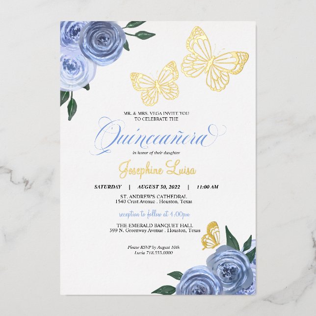 Butterfly Blue Rose Quinceanera Real Folieneinladung (Vorderseite)