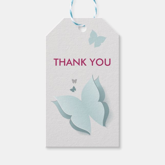Butterfly Blue und Gray Baby Shower Geschenketiket Geschenkanhänger (Vorderseite)