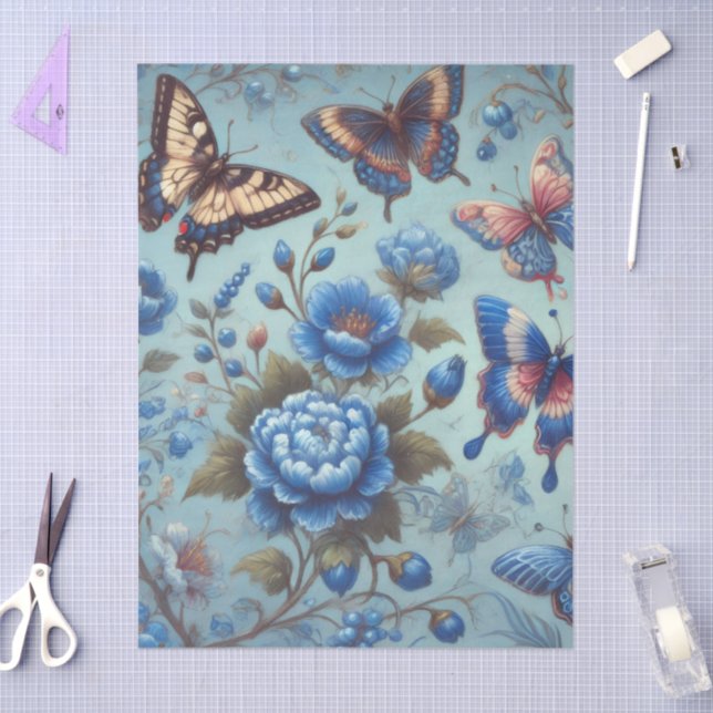 Butterfly-Blume Schmetterlinge blaue Decoupage Seidenpapier (Basteln)