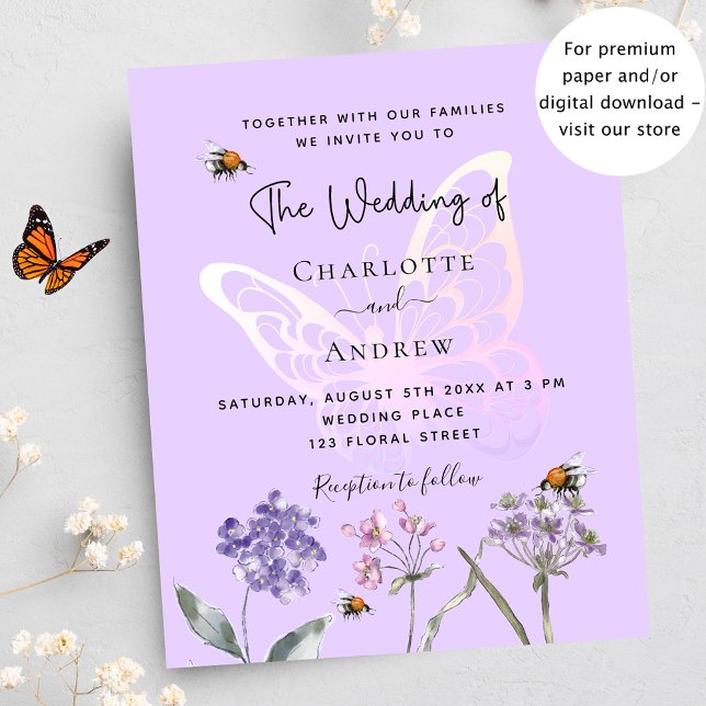 Butterfly Blume Violett-Budget Hochzeitseinladung Flyer (Von Creator hochgeladen)