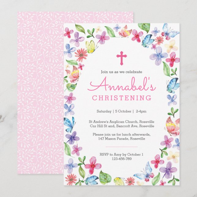 Butterfly Blumen Christening Taufe Einladung (Vorne/Hinten)