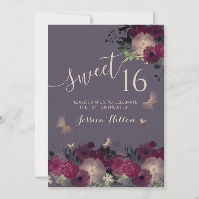 Butterfly Blumengarten 16 . Geburtstag Einladung (Vorderseite)