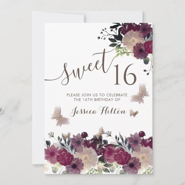 Butterfly Blumengarten 16 . Geburtstag Einladung (Vorderseite)