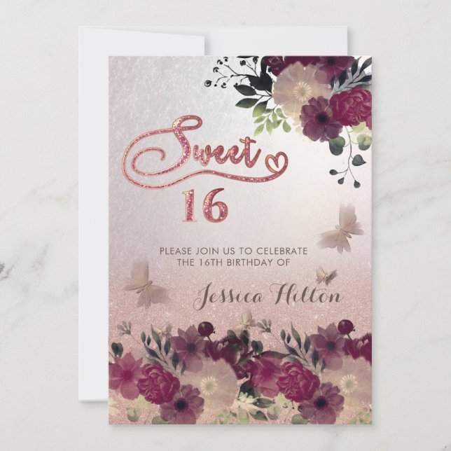 Butterfly Blumengarten 16 . Geburtstag Einladung (Vorderseite)