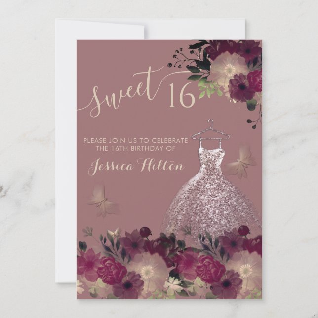 Butterfly Blumengarten 16 . Geburtstag Einladung (Vorderseite)