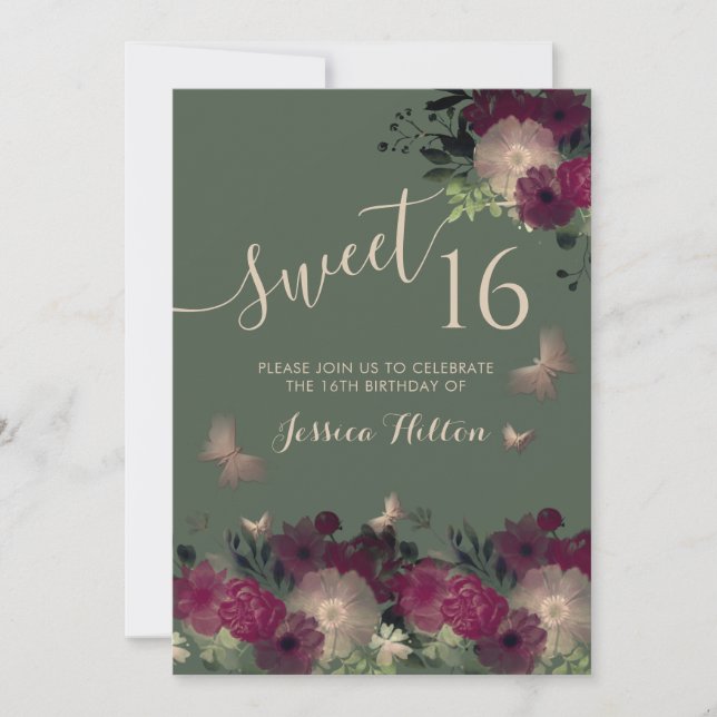 Butterfly Blumengarten 16 . Geburtstag Einladung (Vorderseite)