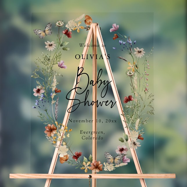 Butterfly Boho Baby Dusche Akryllische Beschriftun Acrylschild (Butterfly Floral Boho Baby Shower Acrylic Welcome Sign
by Painted Paperie)