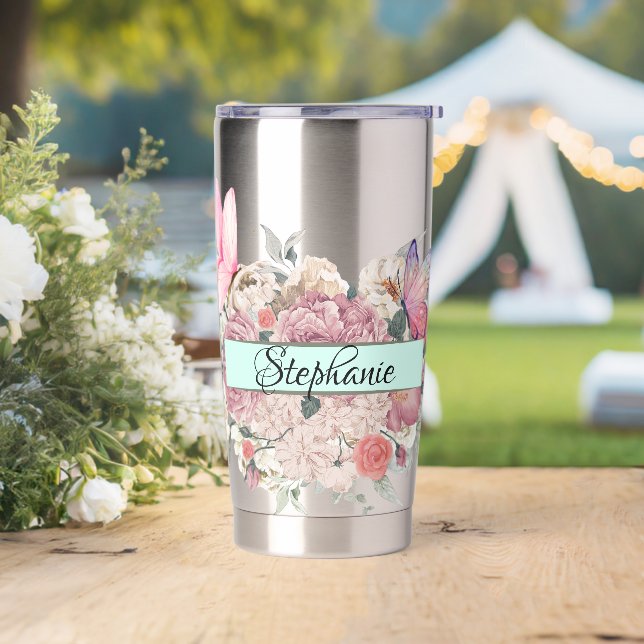 Butterfly Botanicals Personalisiert Elegante Blume Thermobecher (Hochzeit)