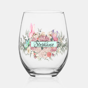 Butterfly Botanicals Personalisiert Elegante Blume Weinglas Ohne Stiel