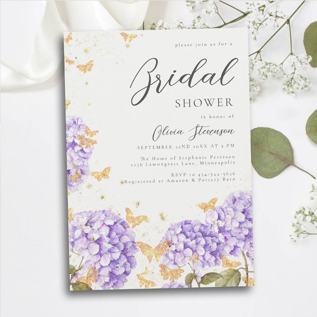 Butterfly Brautparty Gold Lila Hydrangea Einladung (hydrangea bridal shower invitation floral flowers garden rustic butterflies purple gold romantic )