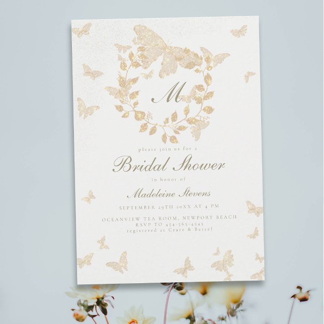 Butterfly Brautparty Gold Monogram Greenery Einladung (gold butterflies bridal shower invitation elegant botanical wreath greenery eucalyptus romantic boho)
