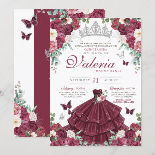 Butterfly Burgundy Red Silver Floral Quinceañera Einladung