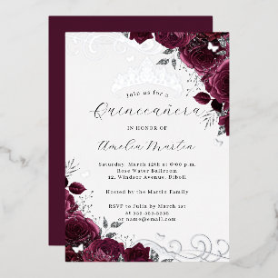 Butterfly Burgundy Silver Floral Quinceanera Folieneinladung