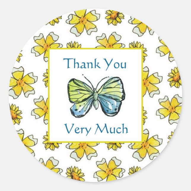 Butterfly Buttercup Wasserfarbe Blume Danke Runder Aufkleber (Vorderseite)