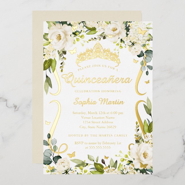 Butterfly Champagne Floral Gold Quinceanera Folieneinladung (Vorderseite/Rückseite)