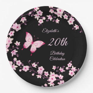 Butterfly Cherry Blossoms Pink Black Customizable Pappteller