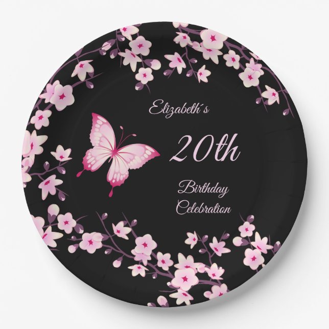 Butterfly Cherry Blossoms Pink Black Customizable  Pappteller (Vorderseite)