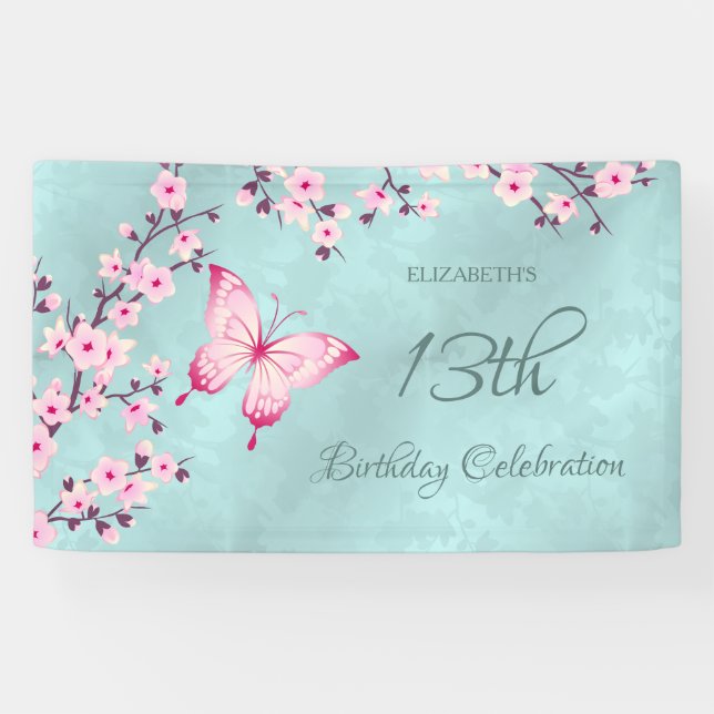 Butterfly Cherry Blüten Rosa Türkis Banner (Horizontal)