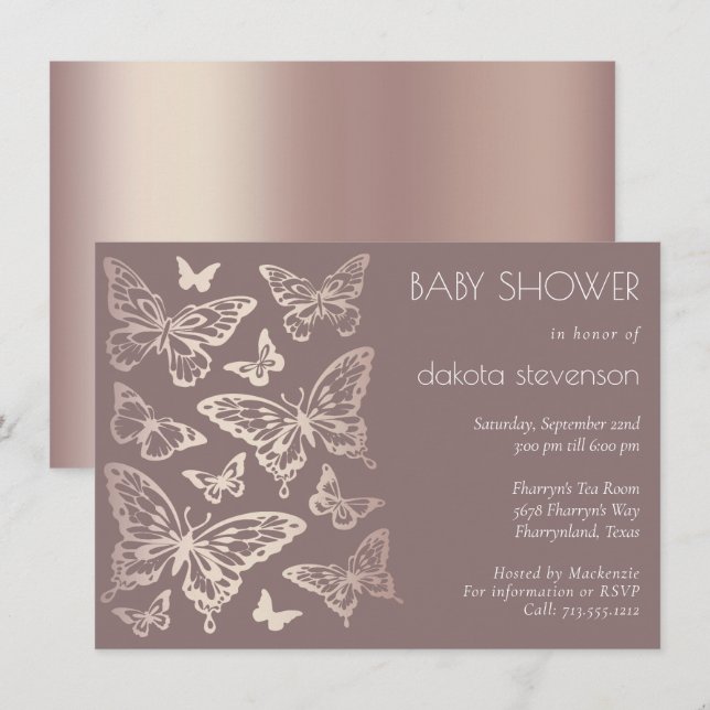 Butterfly Chic Baby Dusche | Kupfer-Rose Gold Einladung (Vorne/Hinten)