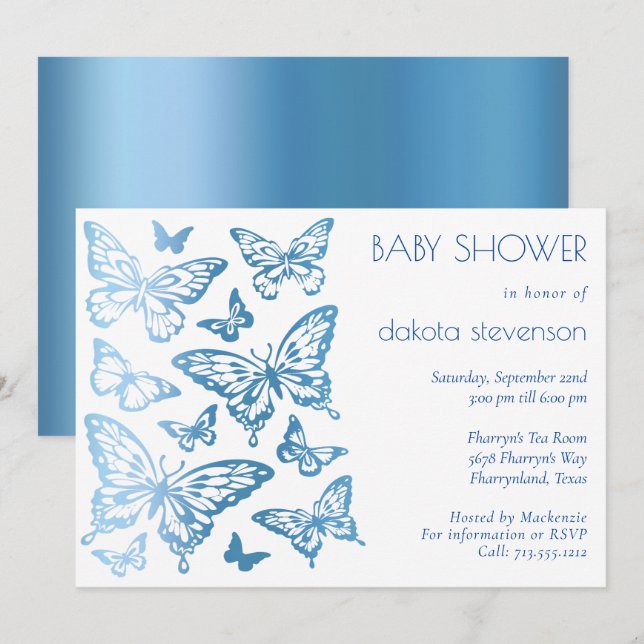 Butterfly Chic | Classic Blue Shine Baby Dusche Einladung (Vorne/Hinten)