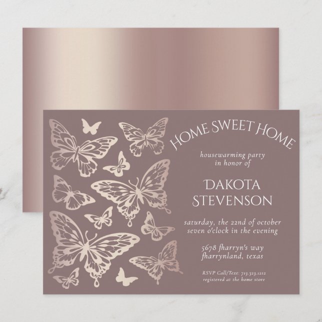 Butterfly Chic Housewarming | Kupfer-Rose Gold Einladung (Vorne/Hinten)