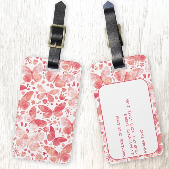 Butterfly Coral Pink Personalisiert Gepäckanhänger (Coral pink watercolor butterfly art pattern pretty personalized luggage tag)