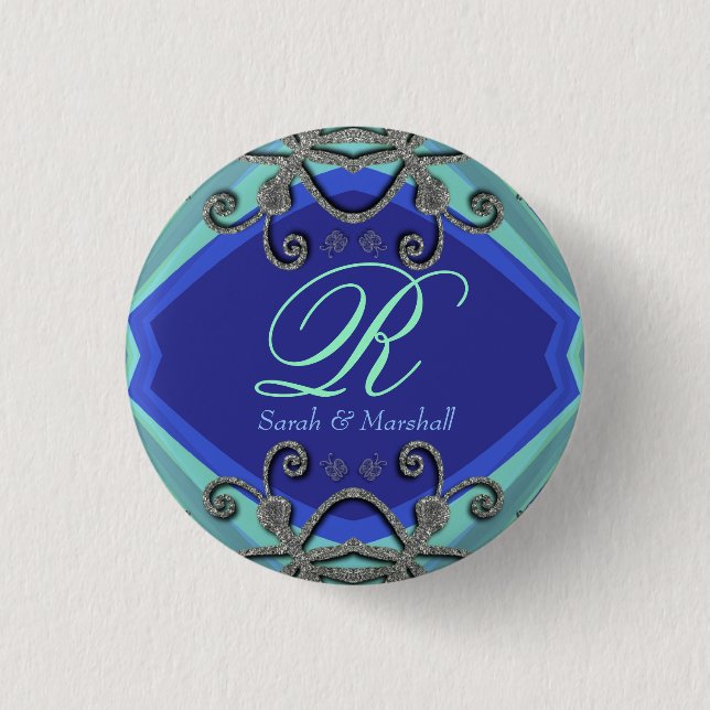 Butterfly Curles Aqua+Blue Monogram Button (Vorderseite)