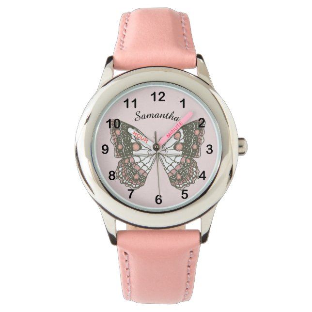 Butterfly & Custom Name on Soft Pink Armbanduhr (Vorderseite)