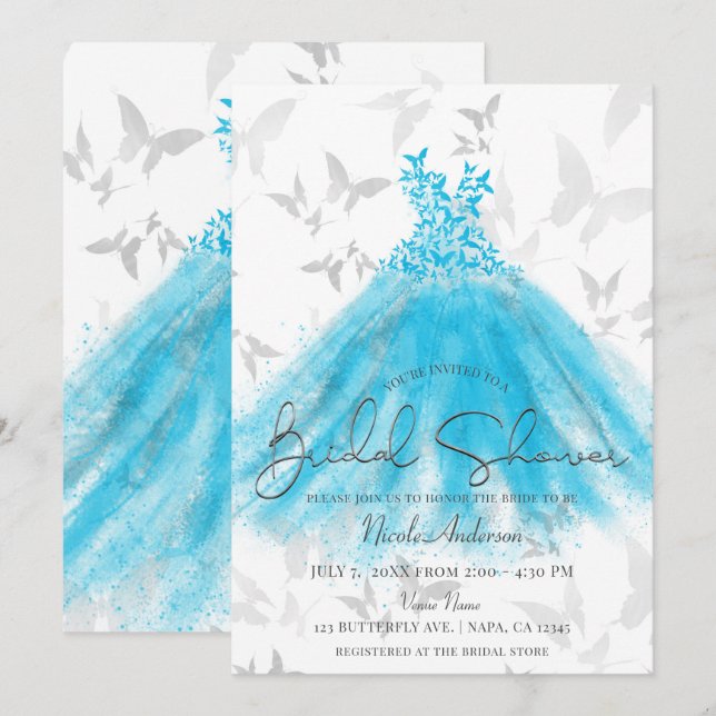 Butterfly Dance Aqua Blue Dress Brautparty Einladung (Vorne/Hinten)