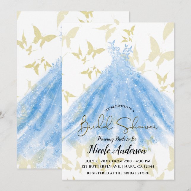 Butterfly Dance Blue Dress Gold Brautparty Invi Einladung (Vorne/Hinten)