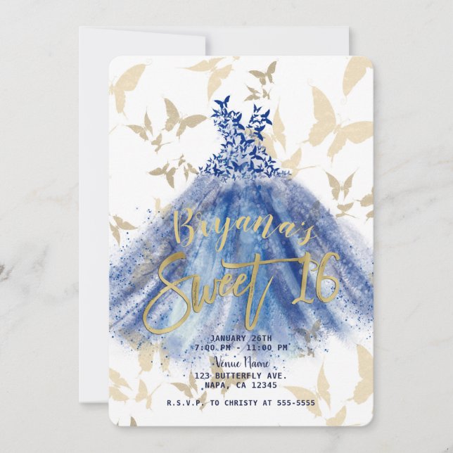 Butterfly Dance Blue Dress Gold Sweet 16 Einladung (Vorderseite)