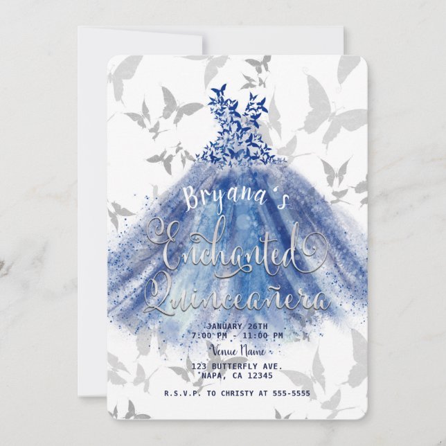 Butterfly Dance Blue Dress Silver 15 Quinceañera Einladung (Vorderseite)