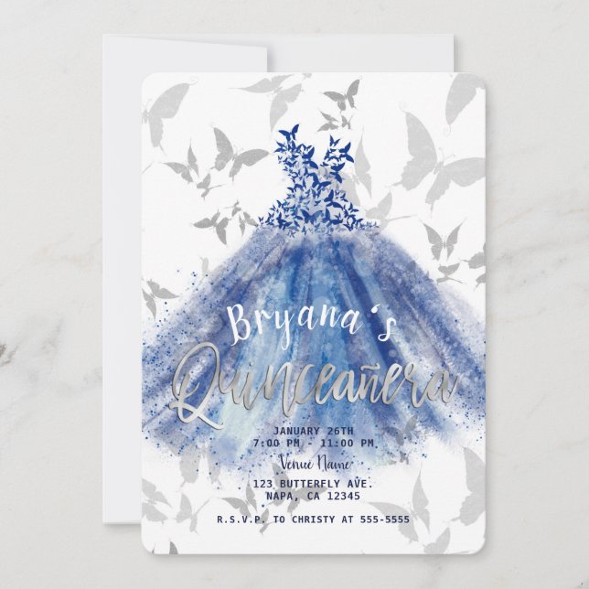 Butterfly Dance Blue Dress Silver Quinceñera 15 Einladung (Vorderseite)