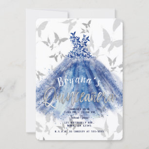 Butterfly Dance Blue Dress Silver Quinceñera 15 Einladung